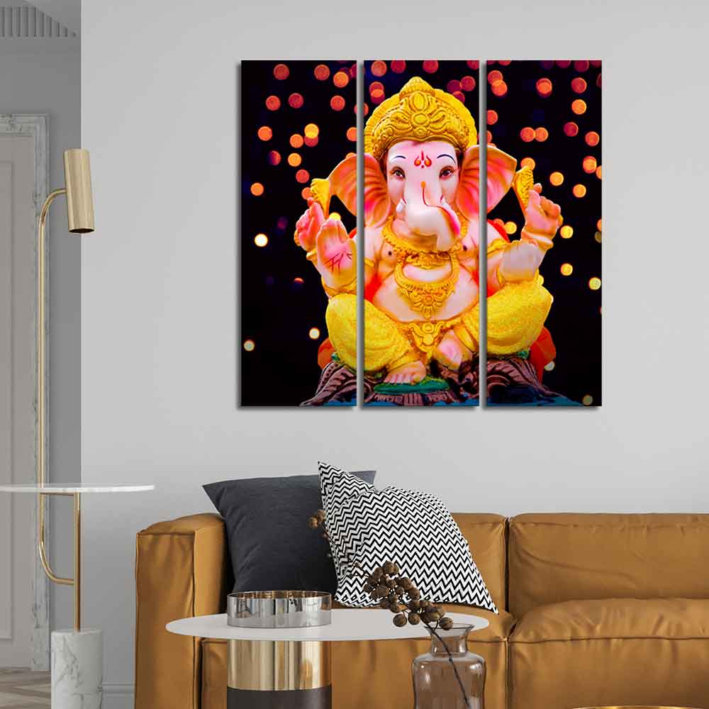 Lord Ganesha Sculpture Canvas Wall Painting Set of Three