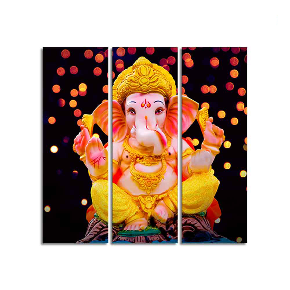 Lord Ganesha Sculpture Canvas Wall Painting Set of Three