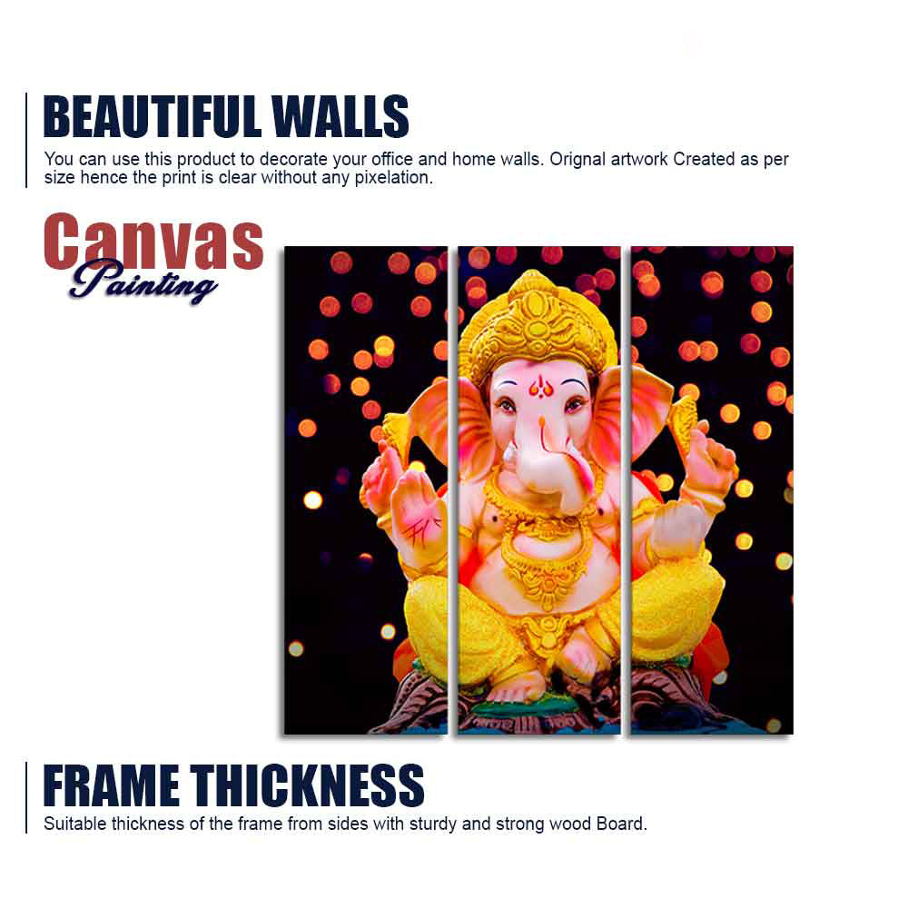 Lord Ganesha Sculpture Canvas Wall Painting Set of Three