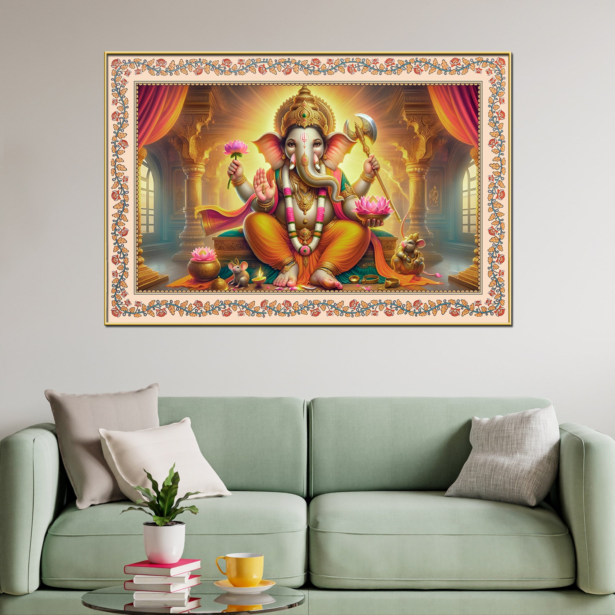 Lord Ganesha Seated on Throne Floral Border Wall Painting