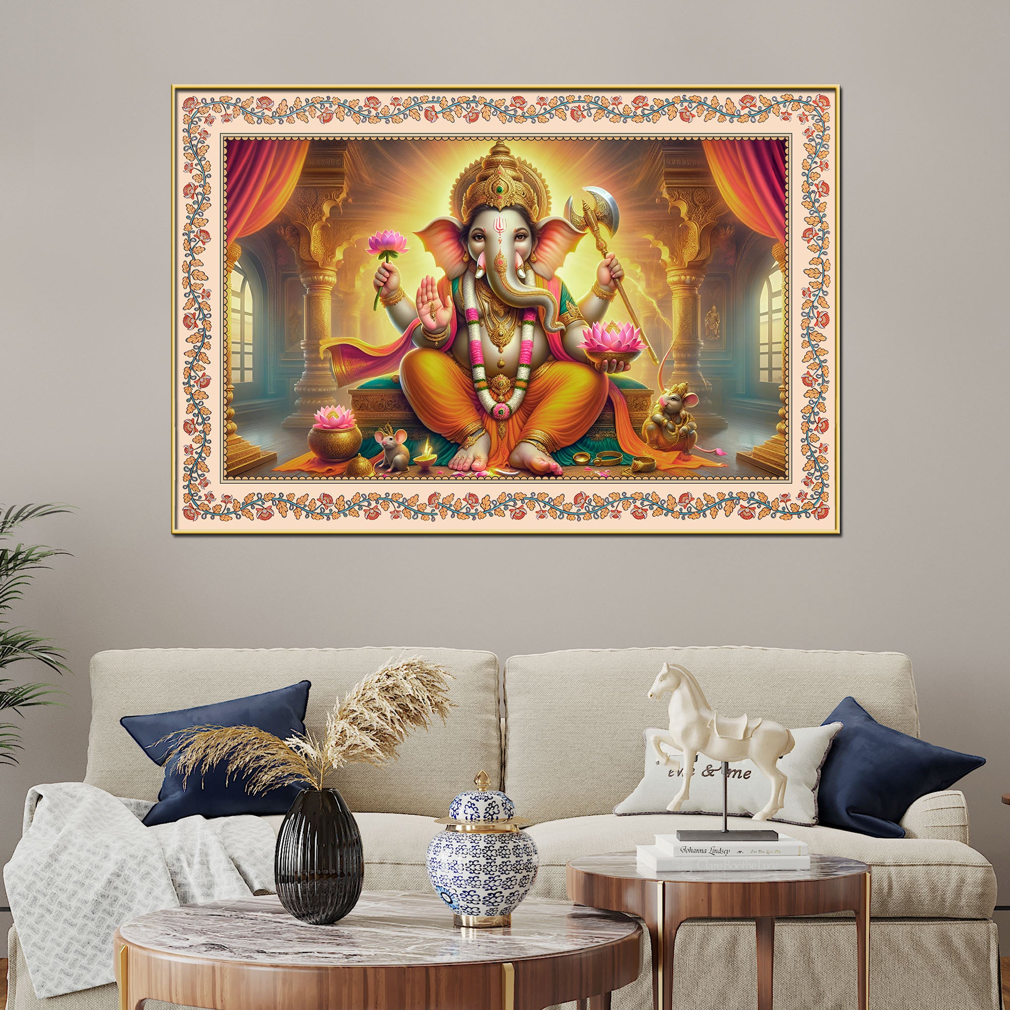 Lord Ganesha Seated on Throne Floral Border Wall Painting