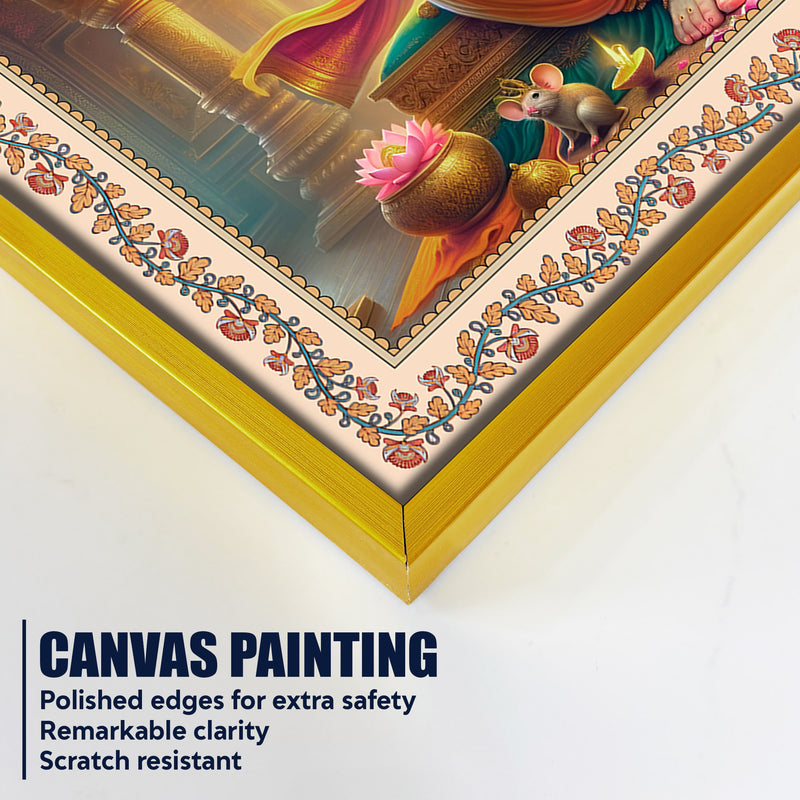Lord Ganesha Seated on Throne Floral Border Wall Painting