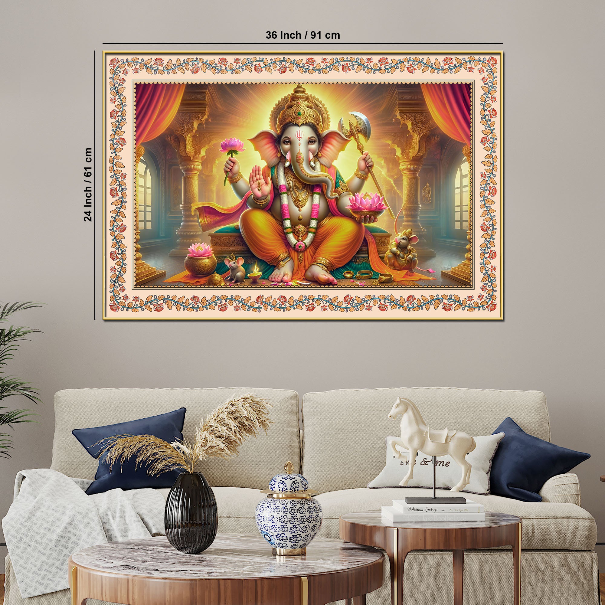 Lord Ganesha Seated on Throne Floral Border Wall Painting