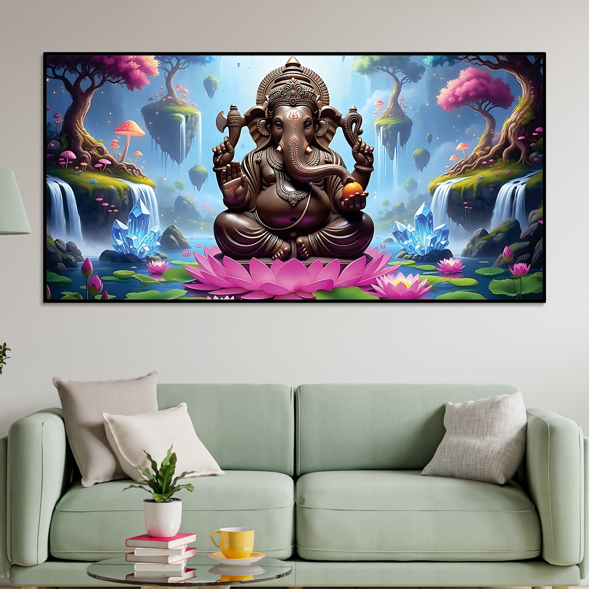 Lord Ganesha Sitting On Lotus in Beautiful Nature Canvas Wall Painting For Home & Pooja Spaces – Modern Spiritual Wall Art