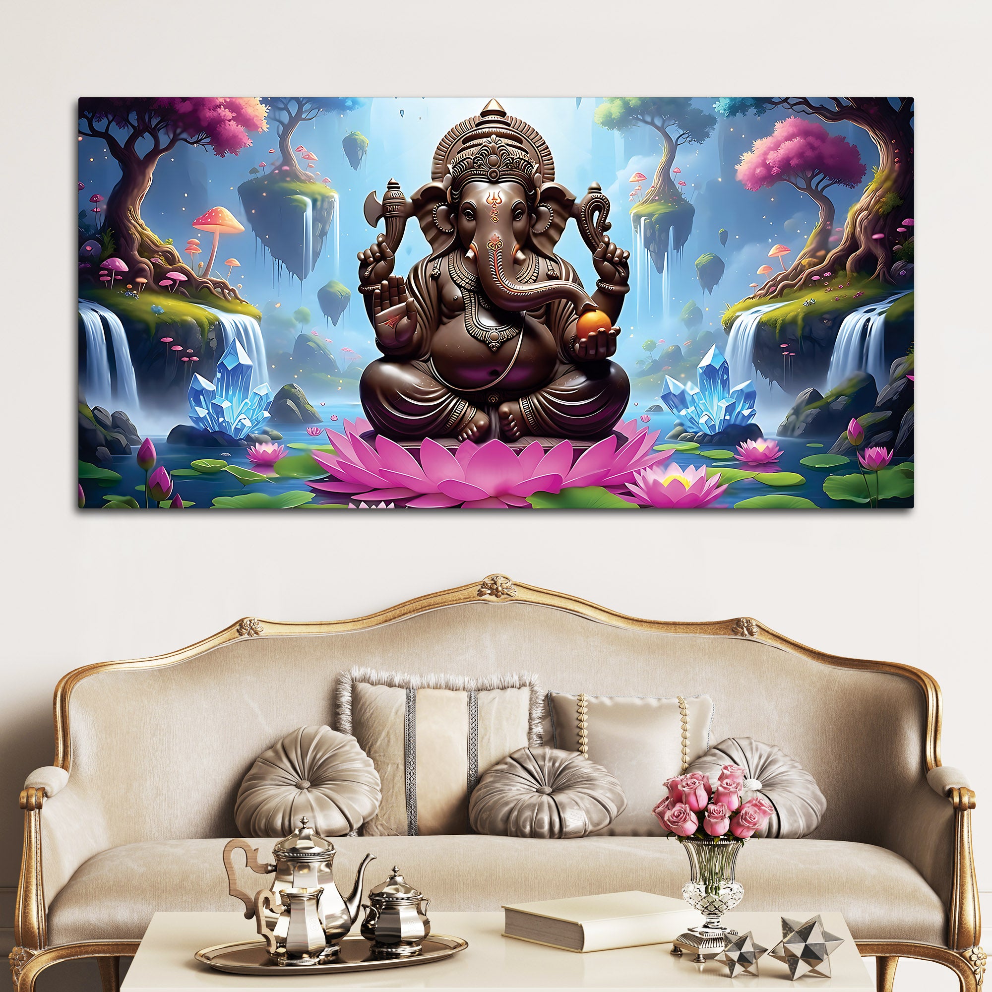 Lord Ganesha Sitting On Lotus in Beautiful Nature Canvas Wall Painting For Home & Pooja Spaces – Modern Spiritual Wall Art
