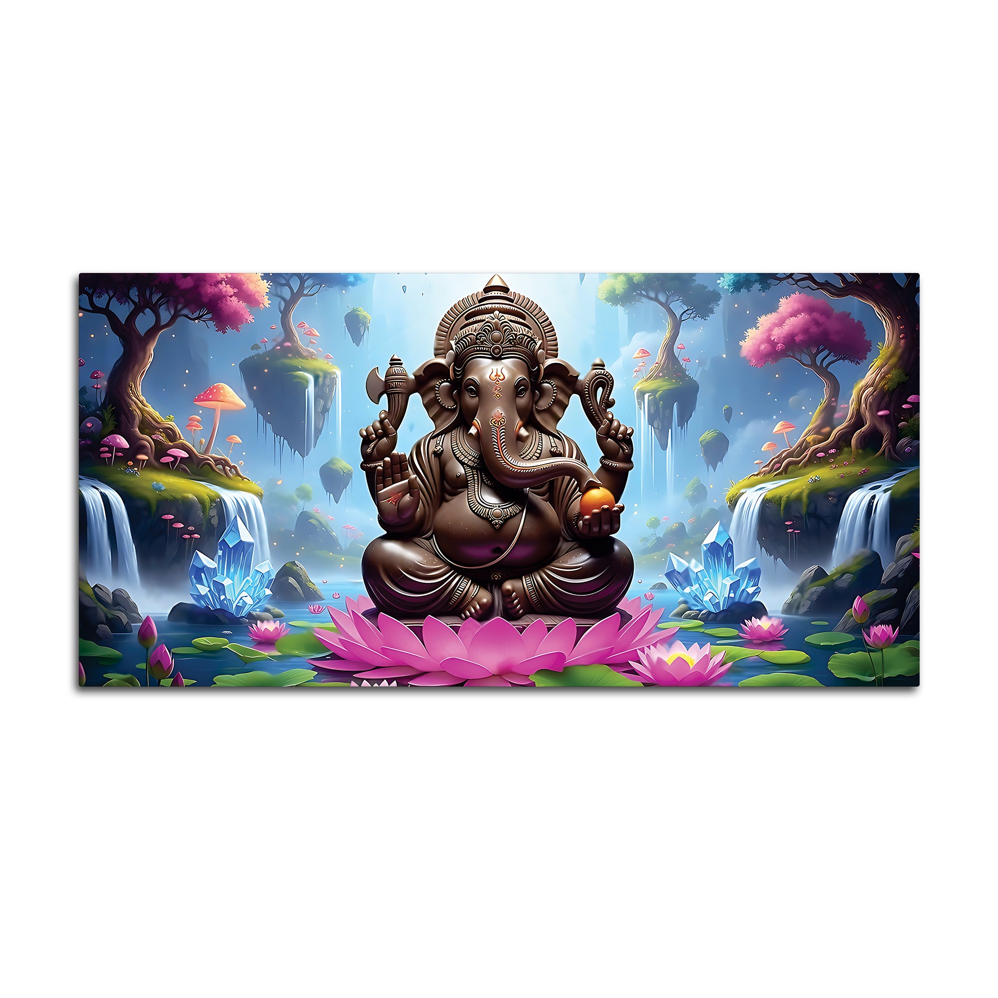 Lord Ganesha Sitting On Lotus in Beautiful Nature Canvas Wall Painting For Home & Pooja Spaces – Modern Spiritual Wall Art