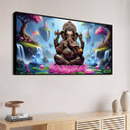 Lord Ganesha Sitting On Lotus in Beautiful Nature Canvas Wall Painting For Home & Pooja Spaces – Modern Spiritual Wall Art