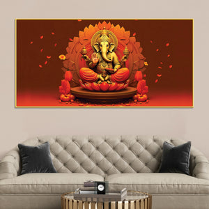 Lord Ganesha Sitting On Sacred Lotus Throne in Padmasana Premium Canvas Wall Painting for Home & Pooja Spaces – Modern Spiritual Wall Decor