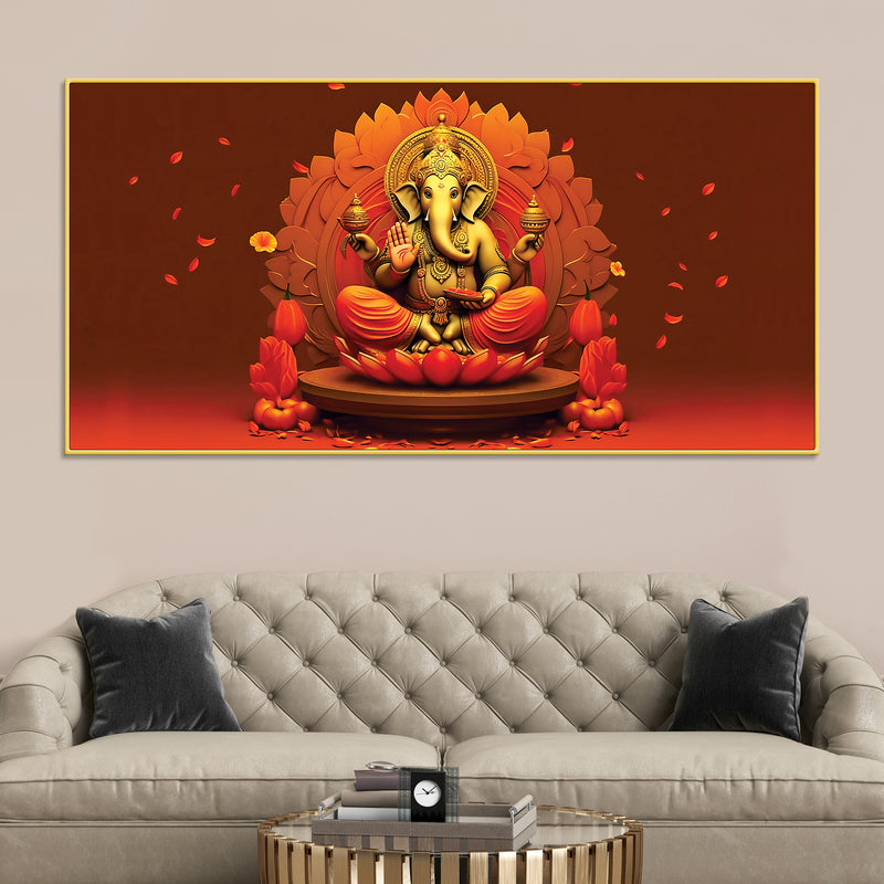 Lord Ganesha Sitting On Sacred Lotus Throne in Padmasana Premium Canvas Wall Painting for Home & Pooja Spaces – Modern Spiritual Wall Decor
