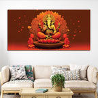 Lord Ganesha Sitting On Sacred Lotus Throne in Padmasana Premium Canvas Wall Painting for Home & Pooja Spaces – Modern Spiritual Wall Decor