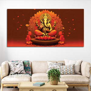 Lord Ganesha Sitting On Sacred Lotus Throne in Padmasana Premium Canvas Wall Painting for Home & Pooja Spaces – Modern Spiritual Wall Decor