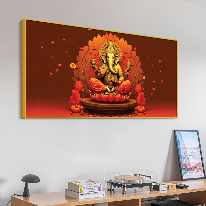 Lord Ganesha Sitting On Sacred Lotus Throne in Padmasana Premium Canvas Wall Painting for Home & Pooja Spaces – Modern Spiritual Wall Decor