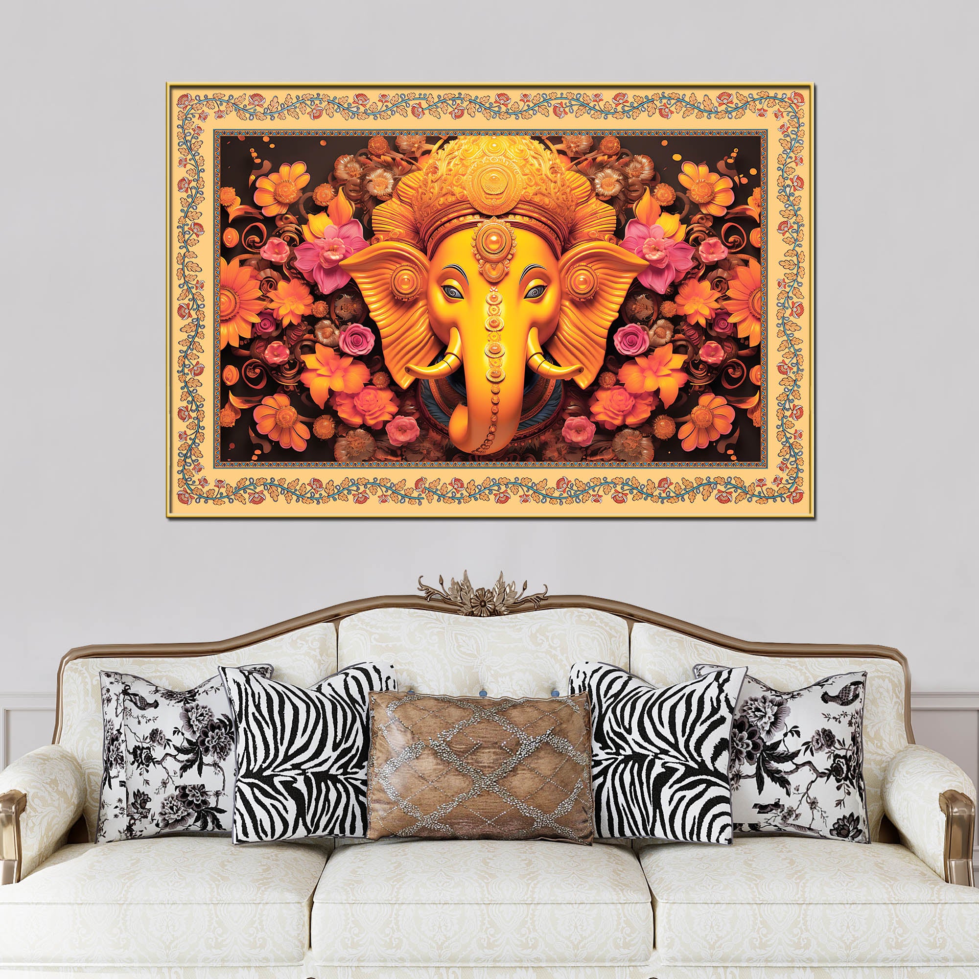 Lord Ganesha with Beautiful Flowers Border Canvas Wall Painting