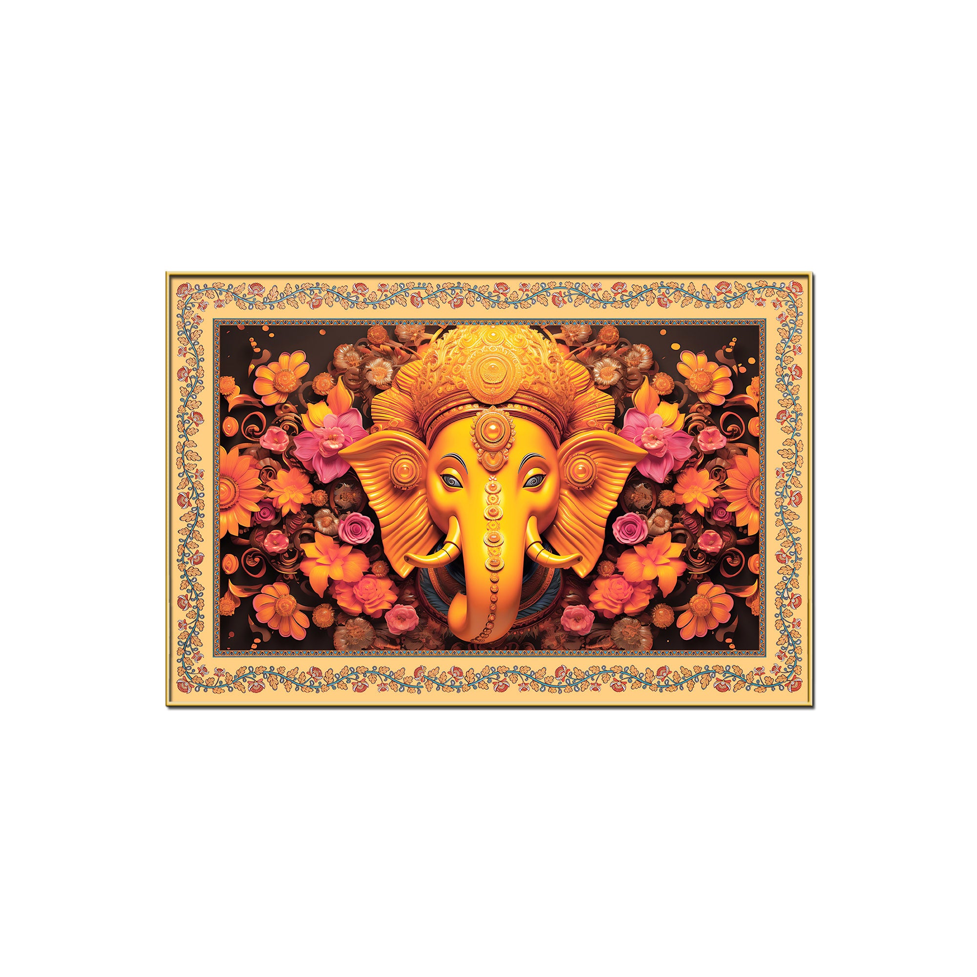 Lord Ganesha with Beautiful Flowers Border Canvas Wall Painting