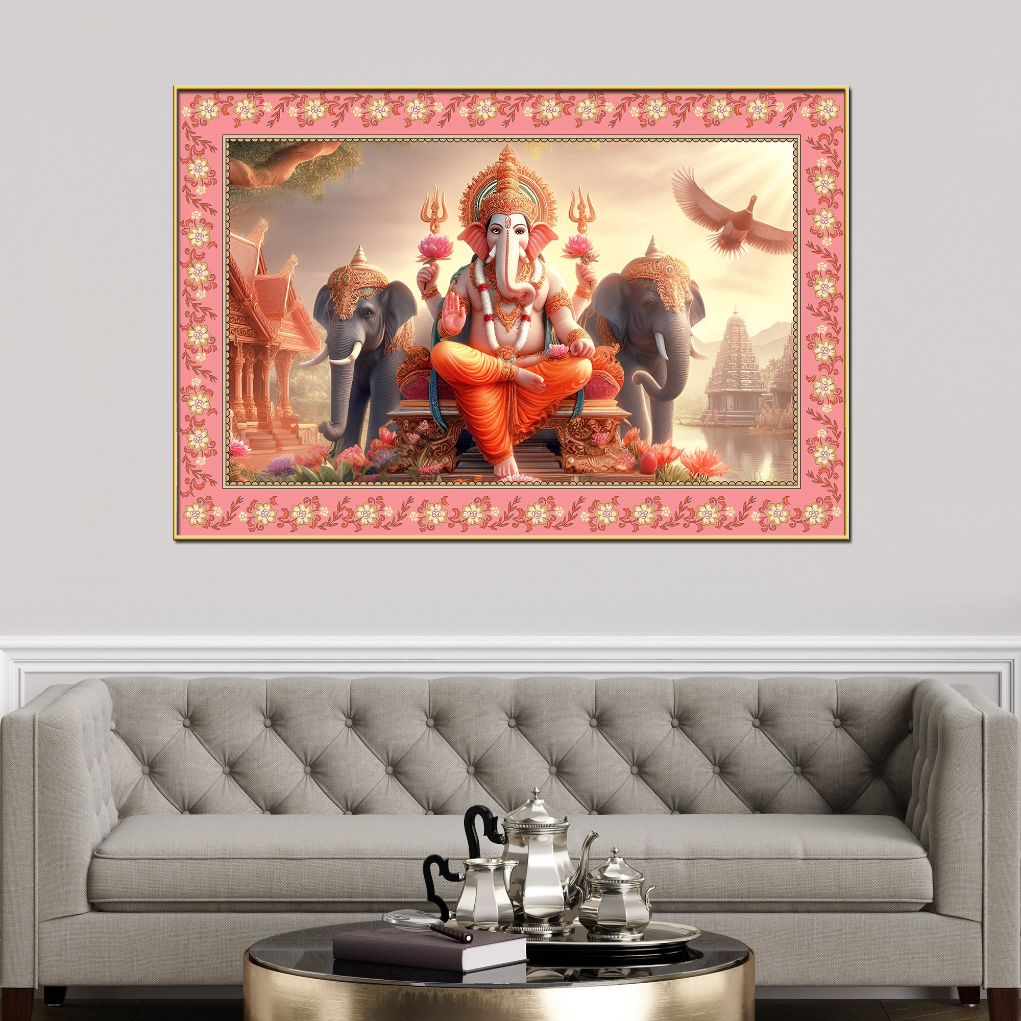 Lord Ganesha with Elephants Floral Border Canvas Wall Painting