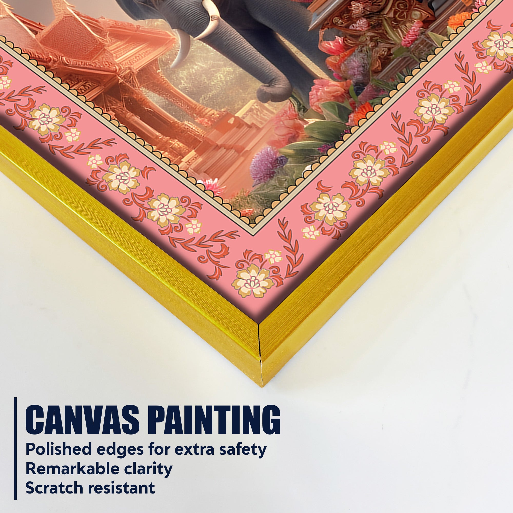 Lord Ganesha with Elephants Floral Border Canvas Wall Painting