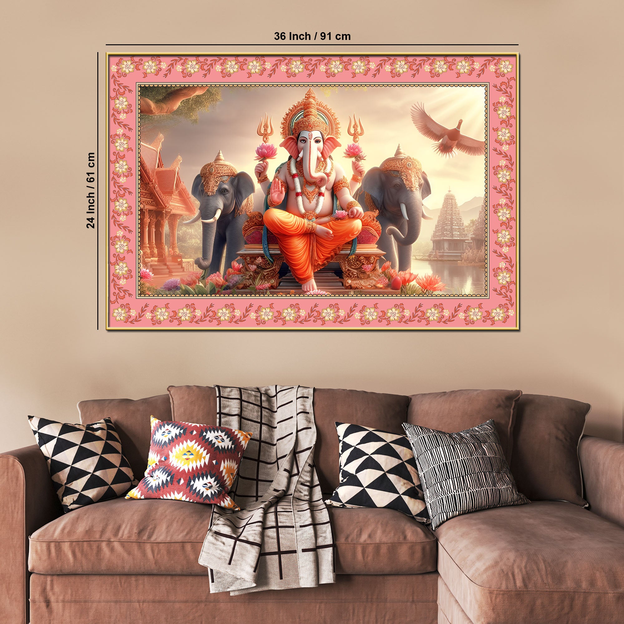 Lord Ganesha with Elephants Floral Border Canvas Wall Painting