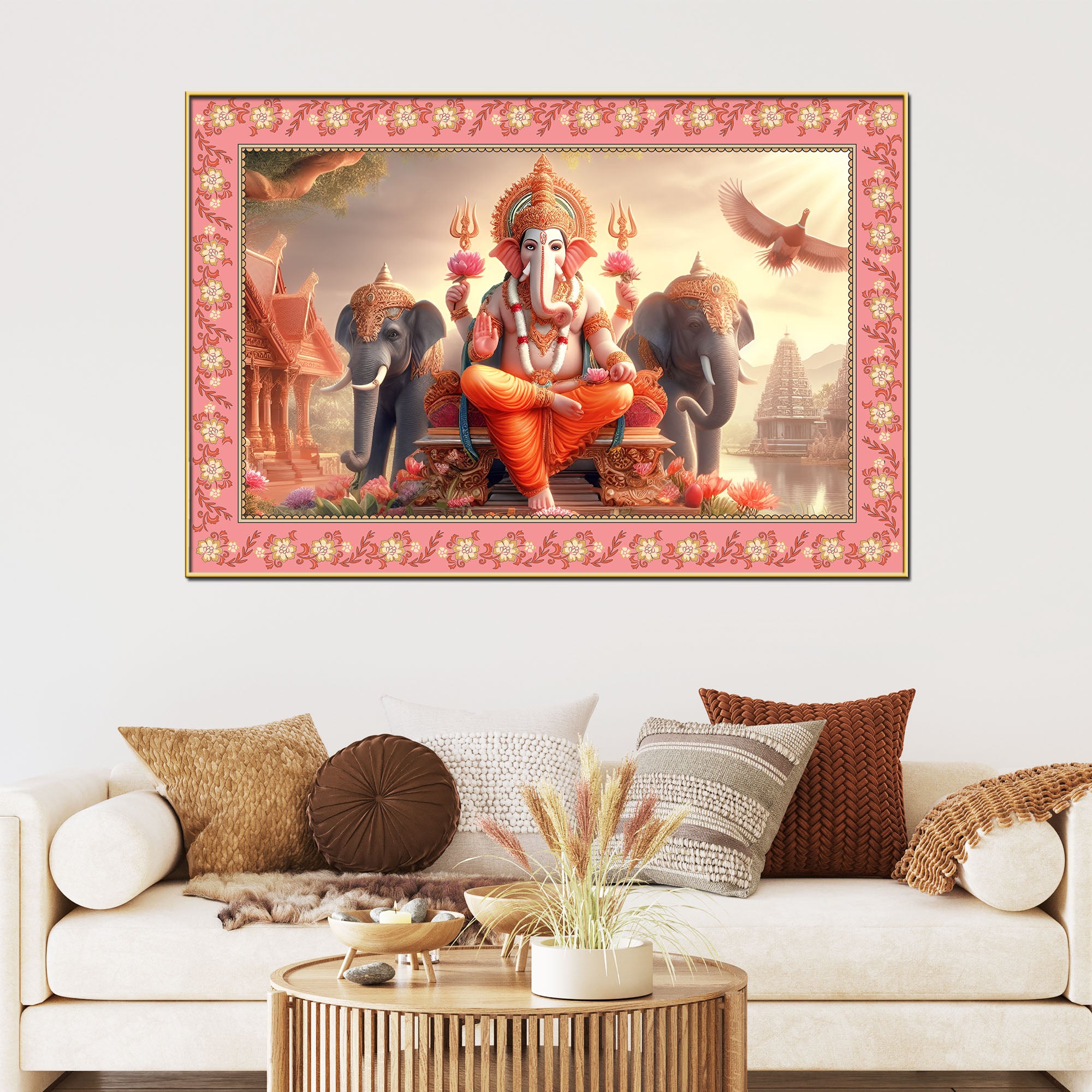 Lord Ganesha with Elephants Floral Border Canvas Wall Painting