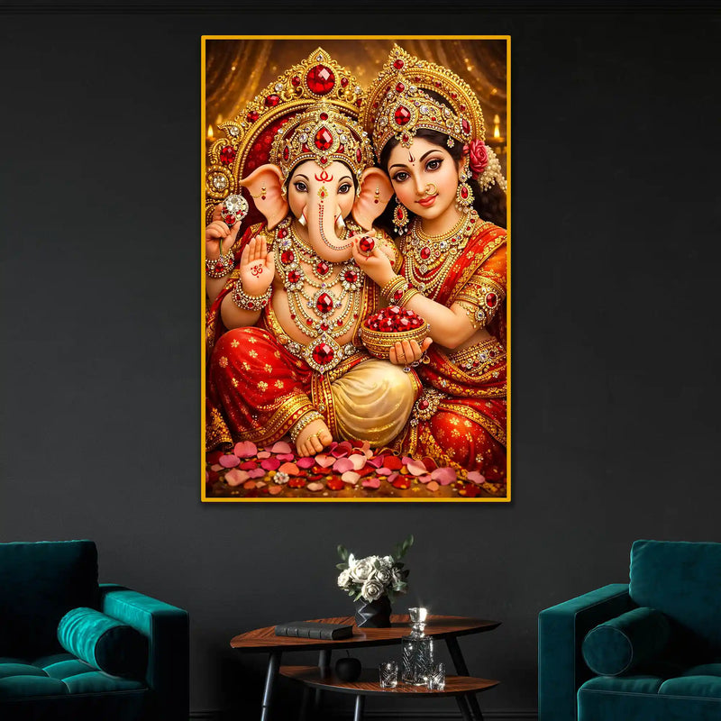 Lord Ganesha with Goddess Lakshmi Floating Frame Crystal Wall Painting