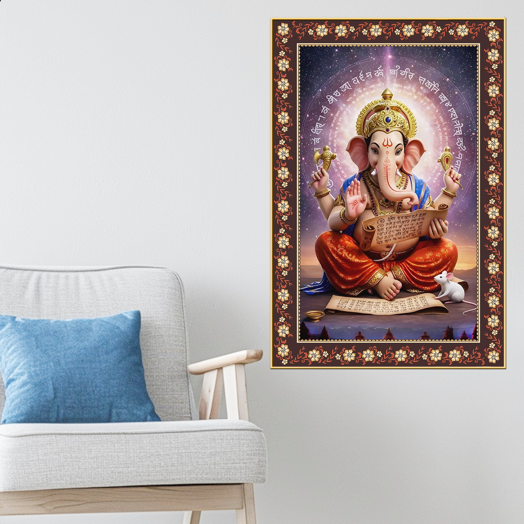 Lord Ganesha Writing Mahabharata Floral Border Vertical Wall Painting