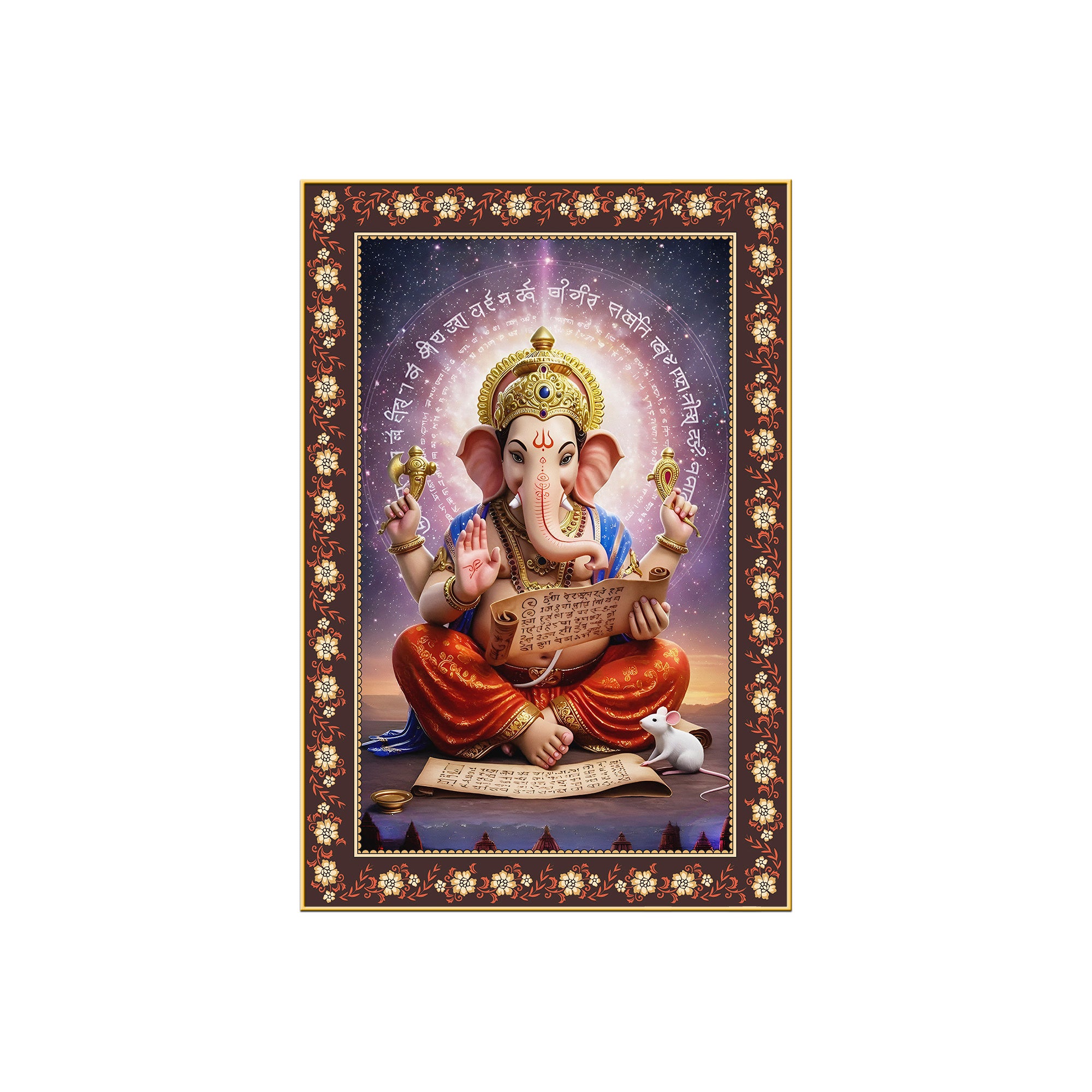 Lord Ganesha Writing Mahabharata Floral Border Vertical Wall Painting