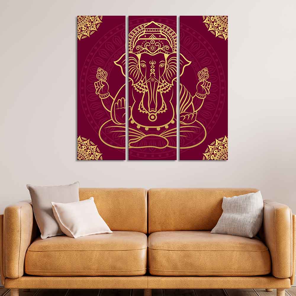 Lord Ganpati Canvas Wall Painting of Three Pieces