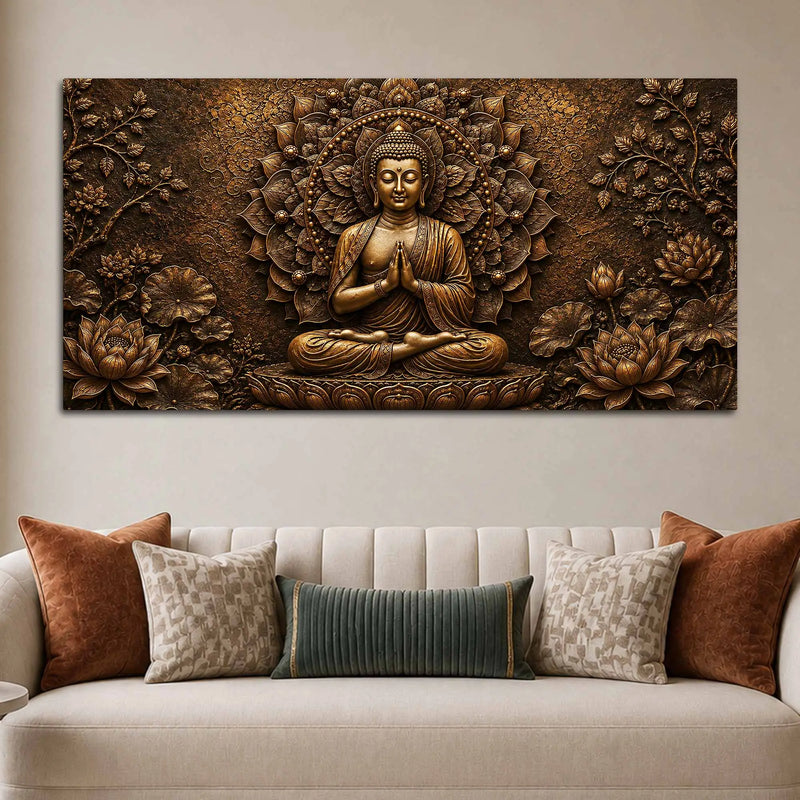 Lord Gautam Buddha Floral Mandala Metallic Look 3D Canvas Wall Painting