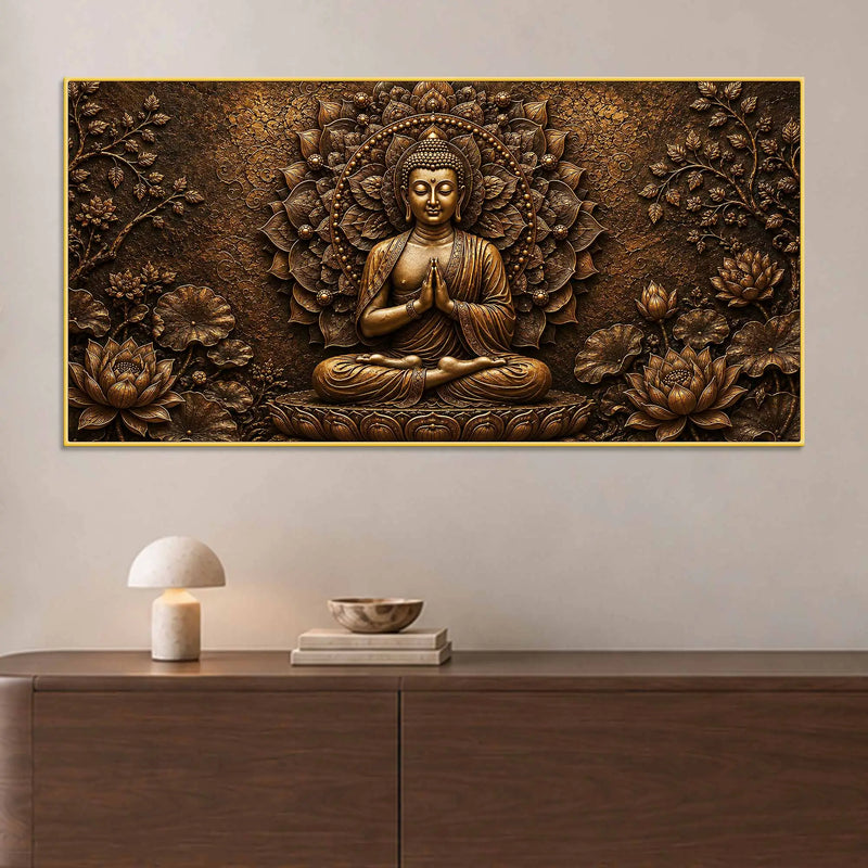 Lord Gautam Buddha Floral Mandala Metallic Look 3D Canvas Wall Painting