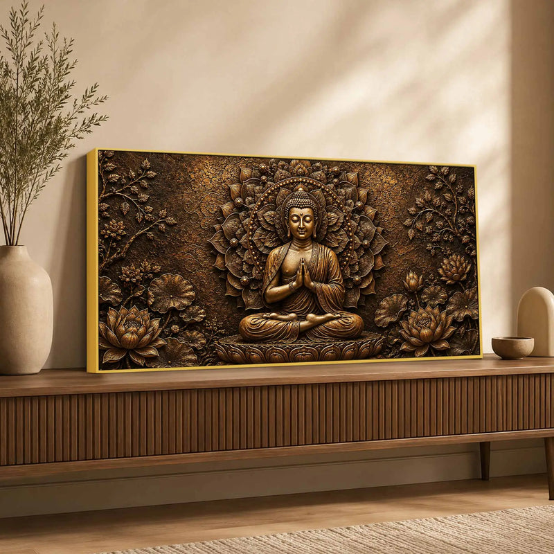 Lord Gautam Buddha Floral Mandala Metallic Look 3D Canvas Wall Painting