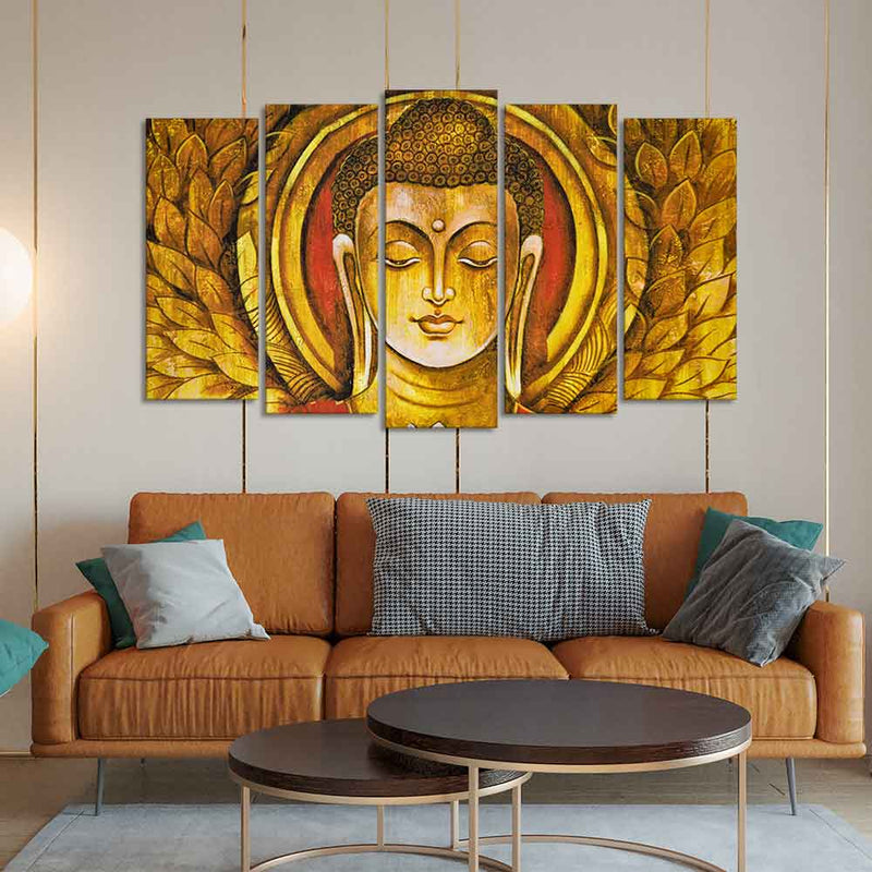 Lord Gautam Buddha Meditation Wall Painting Set of Five Pieces