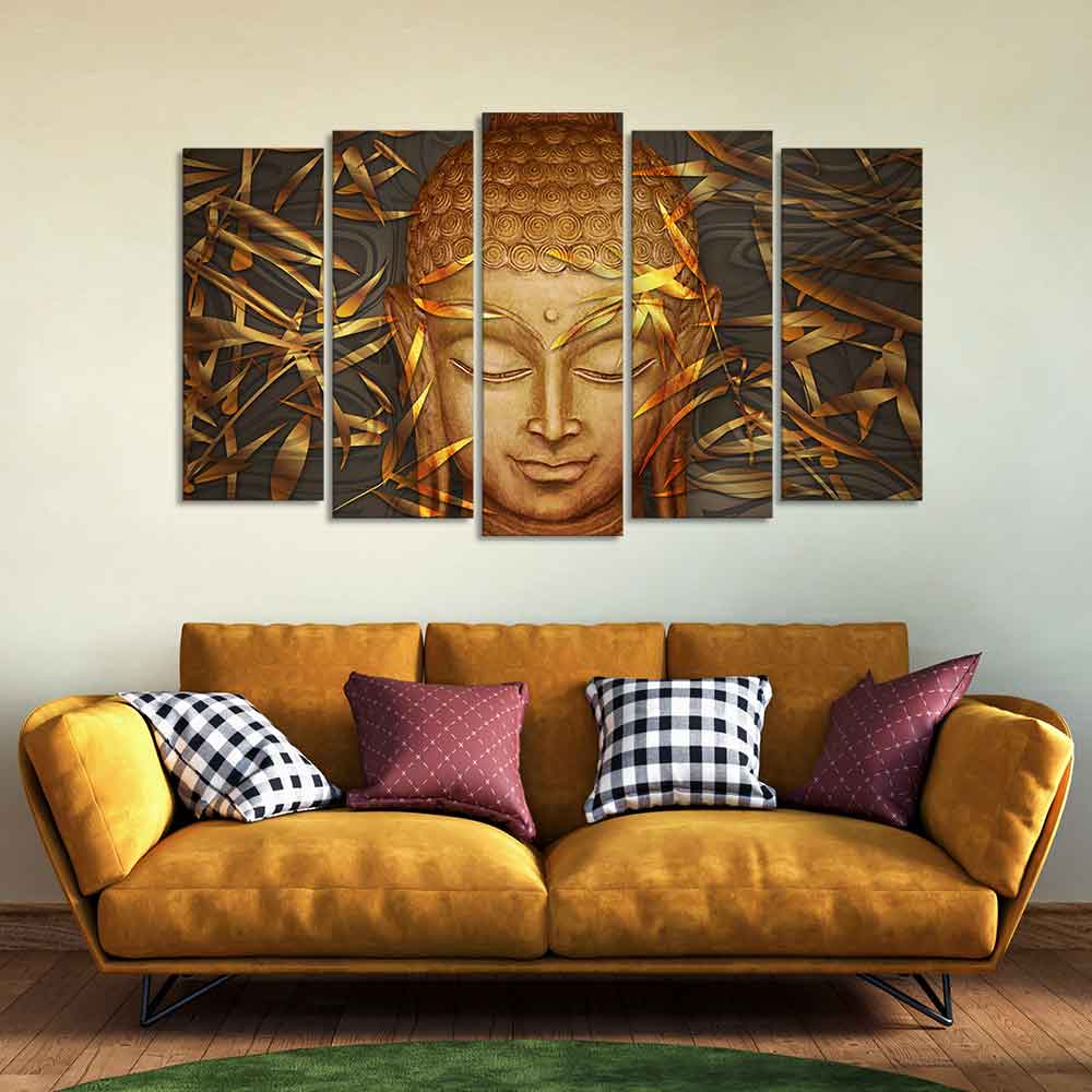 Lord Gautam Buddha with Serene Smile Wall Painting Set of Five