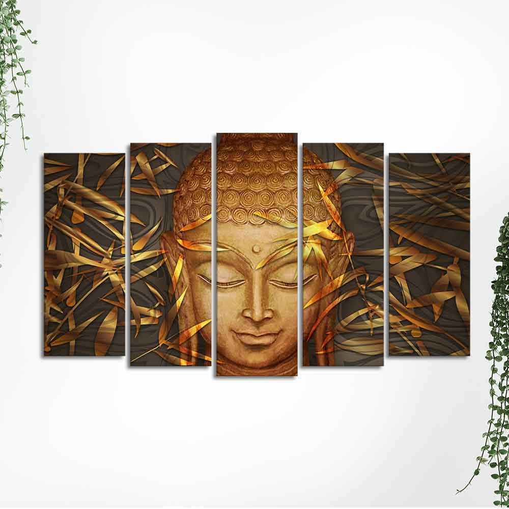 Lord Gautam Buddha with Serene Smile Wall Painting Set of Five