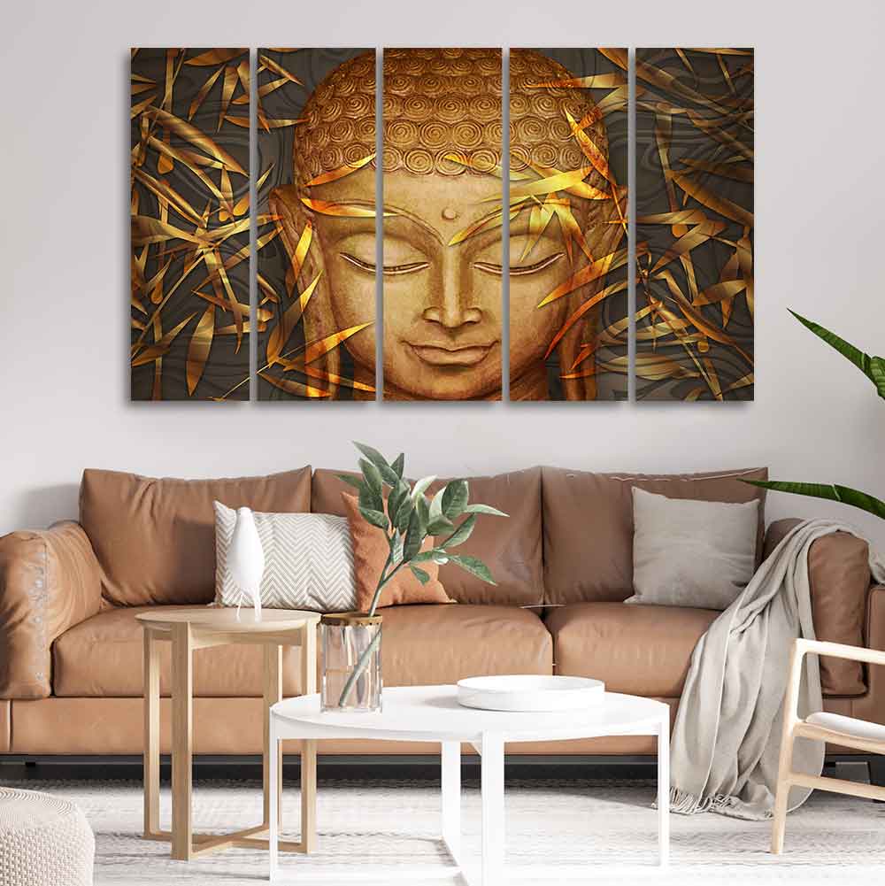 Lord Gautam Buddha with Serene Smile Wall Painting Set of Five Pieces