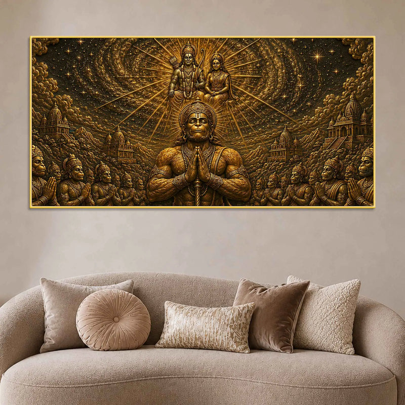 Lord Hanuman Ji Divine Devotion for Sita Ramji Metallic Look 3D Canvas Wall Painting