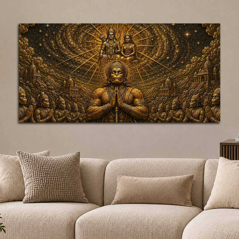 Lord Hanuman Ji Divine Devotion for Sita Ramji Metallic Look 3D Canvas Wall Painting