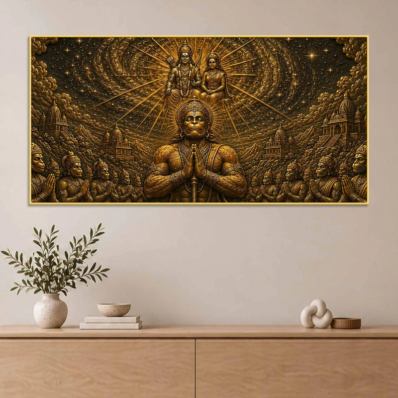Lord Hanuman Ji Divine Devotion for Sita Ramji Metallic Look 3D Canvas Wall Painting