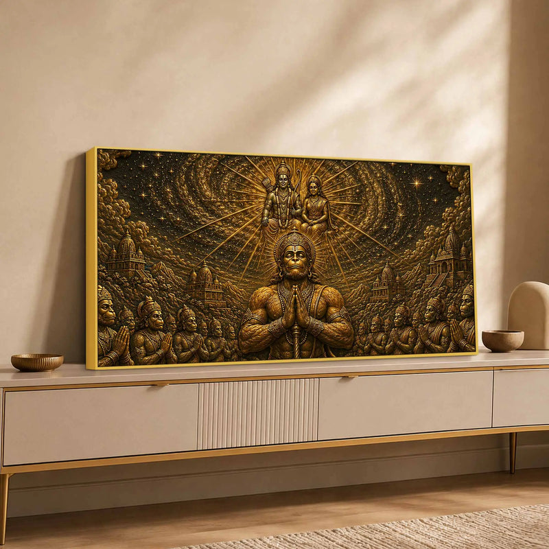 Lord Hanuman Ji Divine Devotion for Sita Ramji Metallic Look 3D Canvas Wall Painting