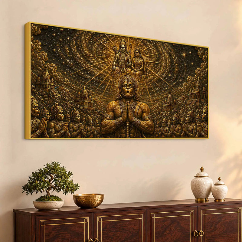 Lord Hanuman Ji Divine Devotion for Sita Ramji Metallic Look 3D Canvas Wall Painting