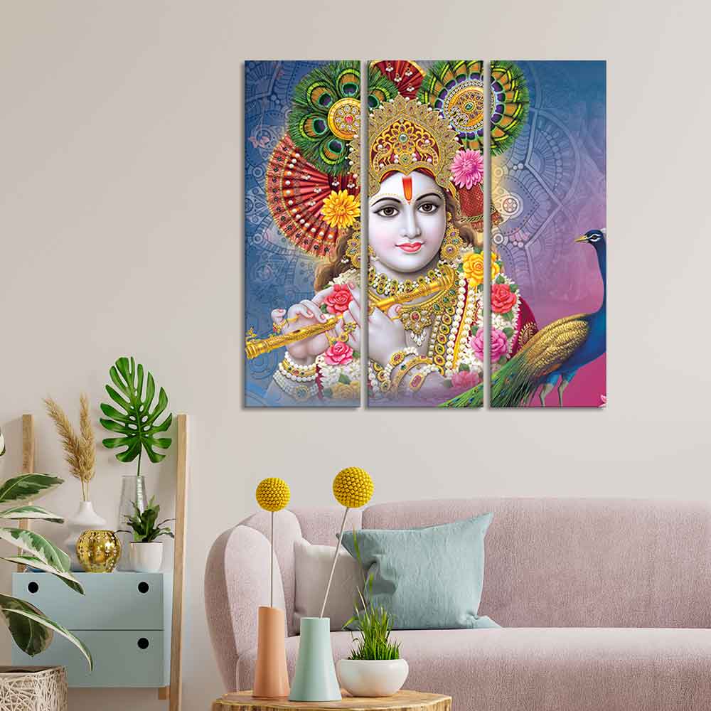 Lord Kanha Ji beautiful Wall Painting of 3 Panels