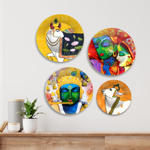 Lord Krishna and Cow Premium Wall Plates Painting Set of Four