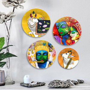 Lord Krishna and Cow Premium Wall Plates Painting Set of Four