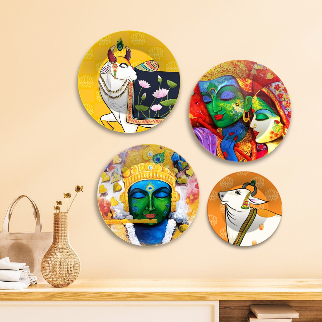 Lord Krishna and Cow Premium Wall Plates Painting Set of Four