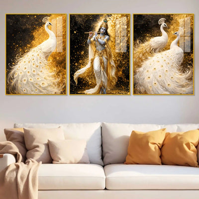 Lord Krishna and White Peacock Acrylic Floating Frame Wall Painting Set of 3
