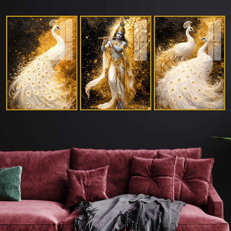 Lord Krishna and White Peacock Acrylic Floating Frame Wall Painting Set of 3