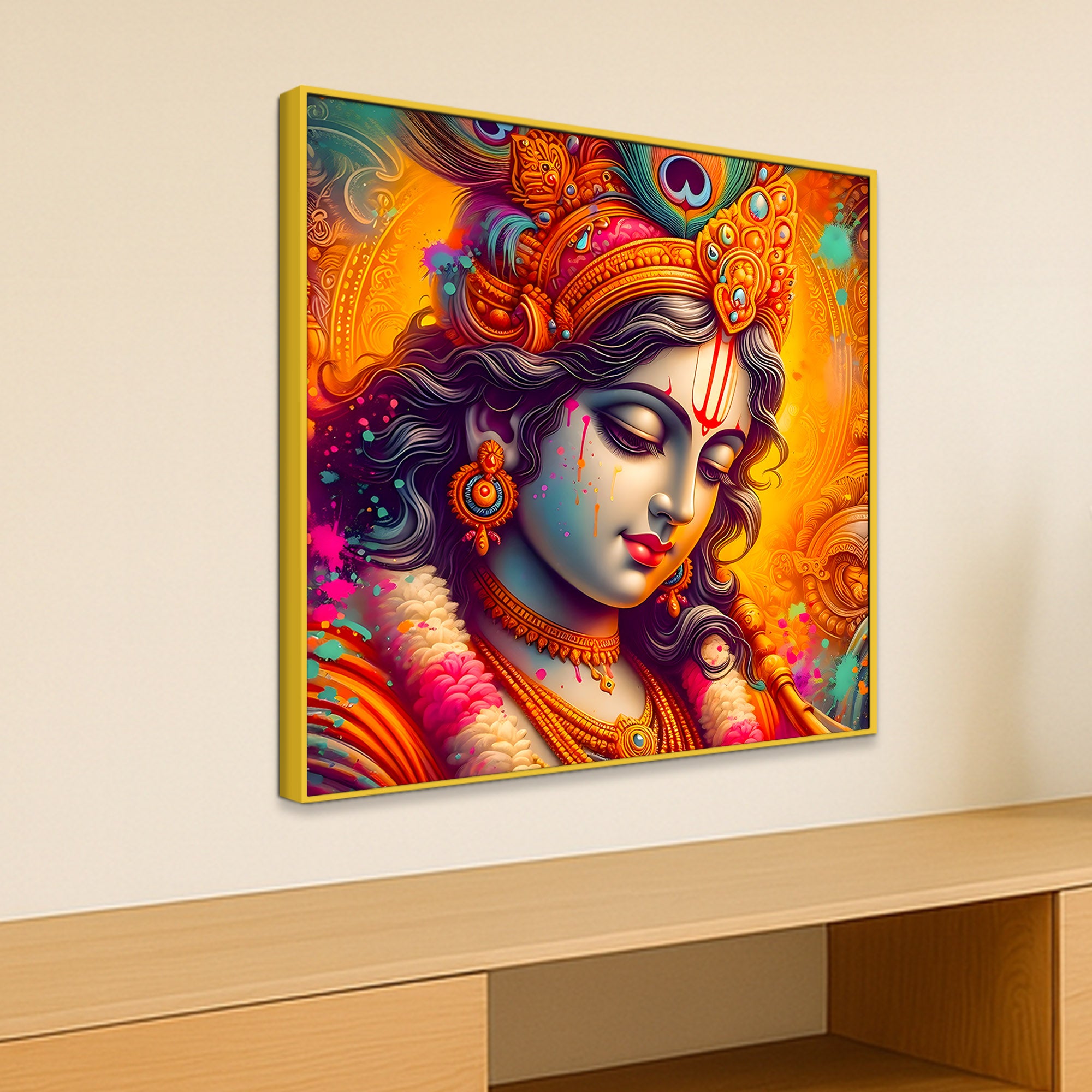 Lord Krishna Color Splash Portrait Art – Modern Devotional Canvas Wall Painting