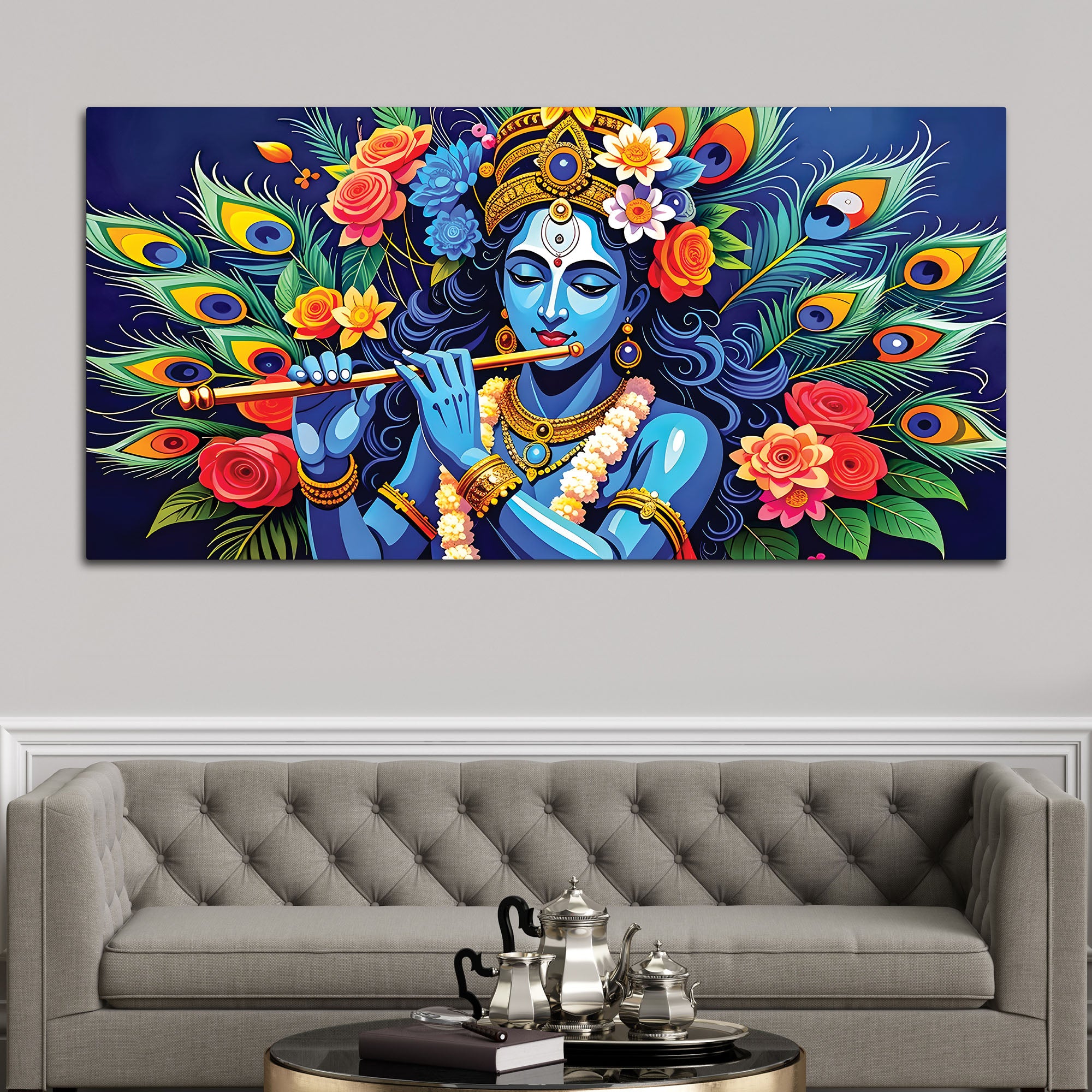 Lord Krishna Floral Peacock Theme Painting