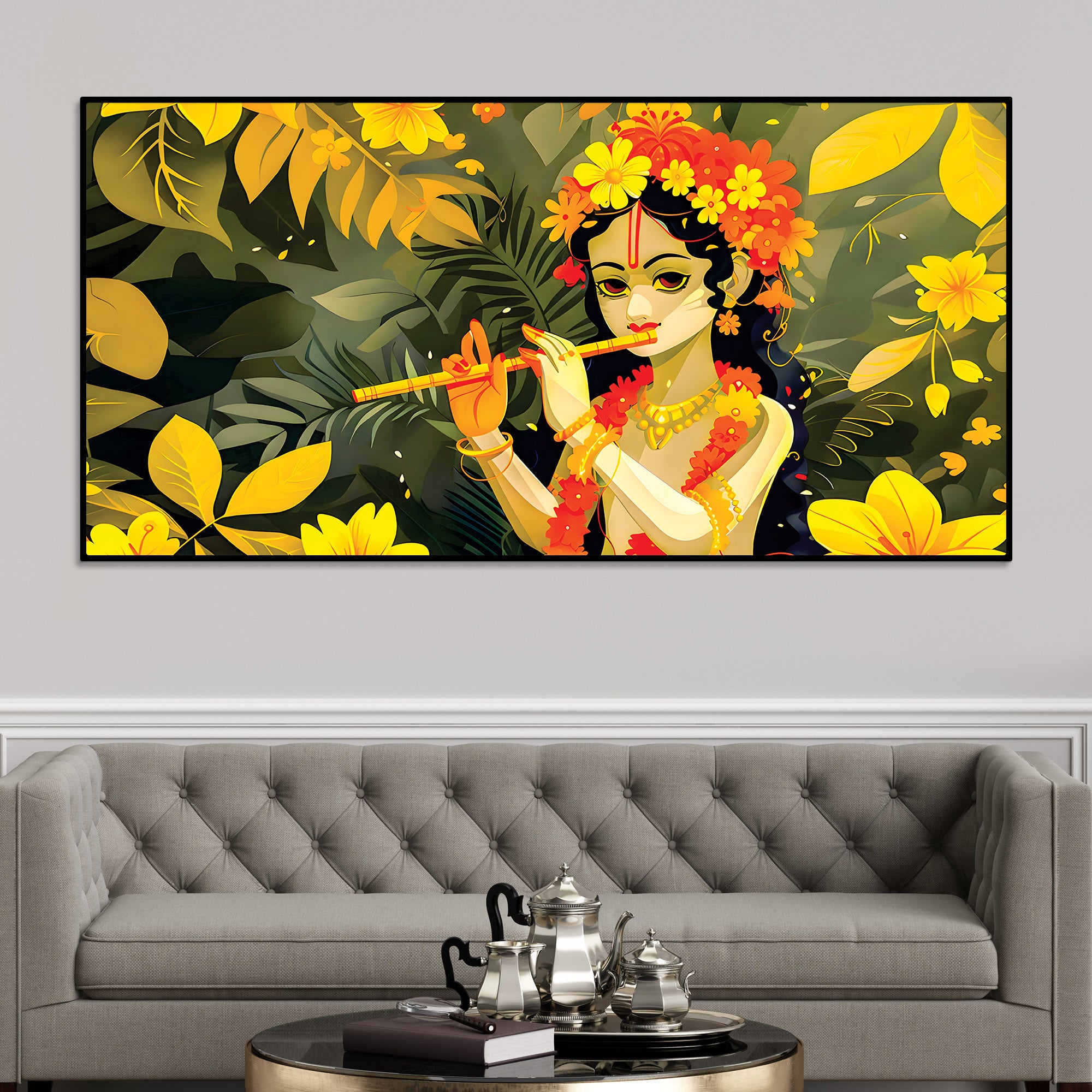 Lord Krishna Floral Theme Canvas Wall Painting for Home Decoration