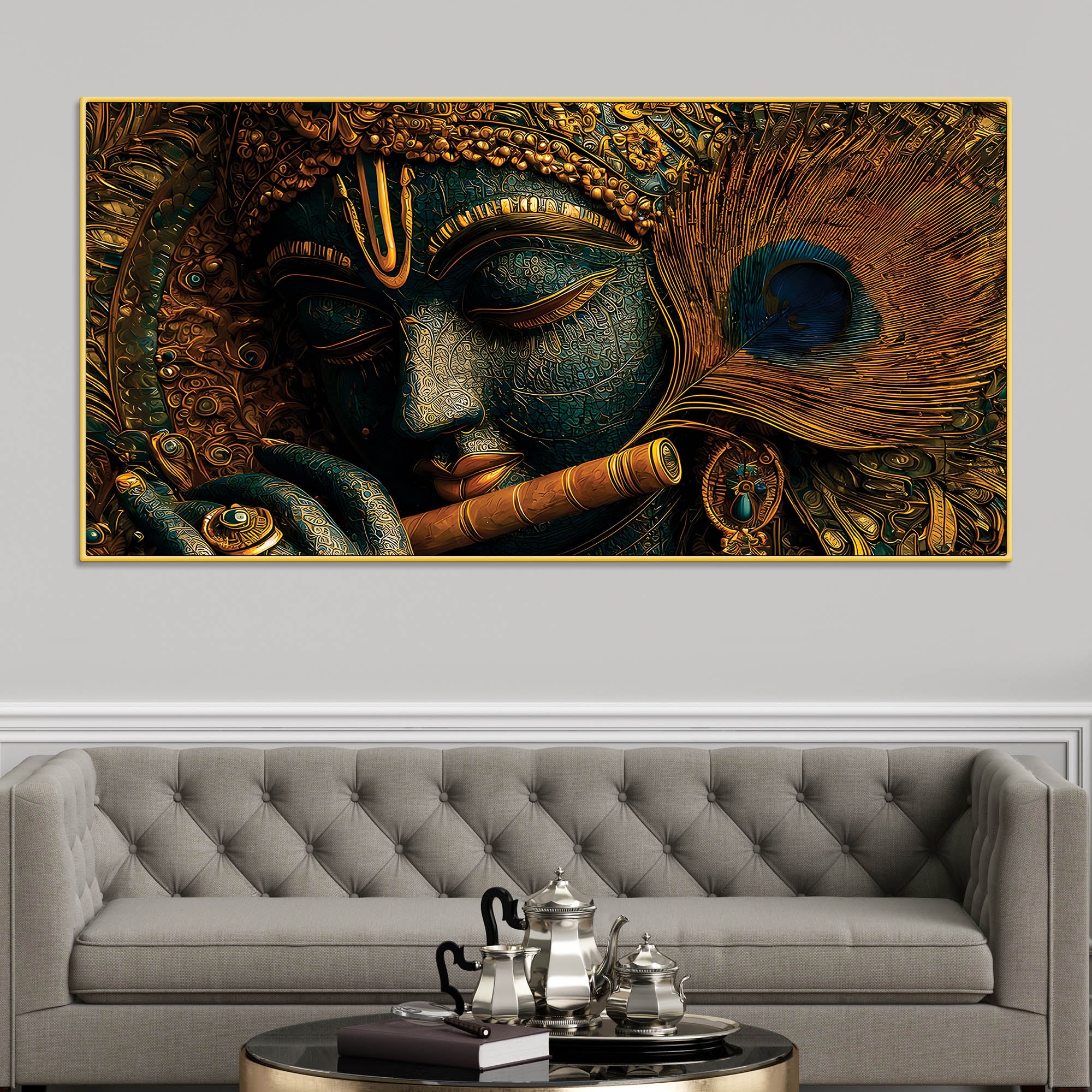 Lord Krishna Flute Textured Canvas Wall Painting for Living Room Decor