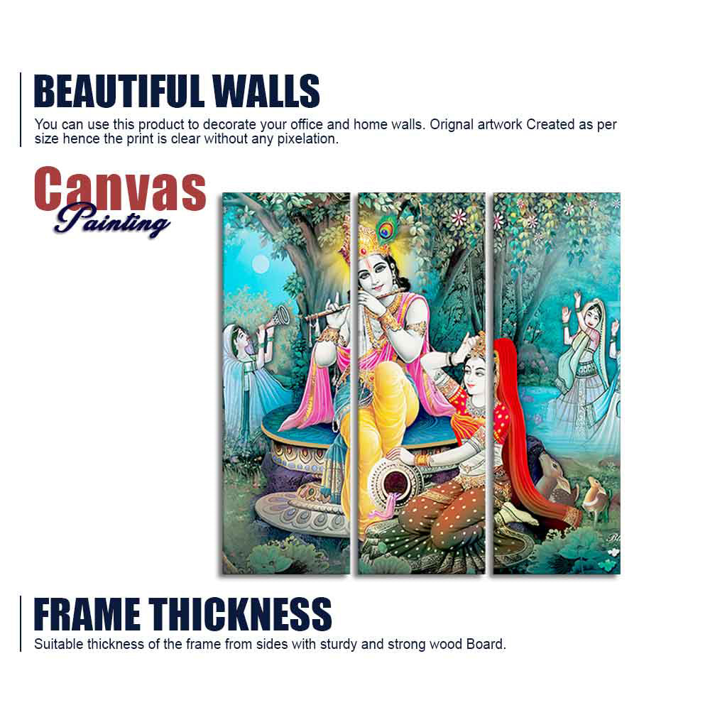 Lord Krishna in Vrindavan Canvas Wall Painting Set of Three