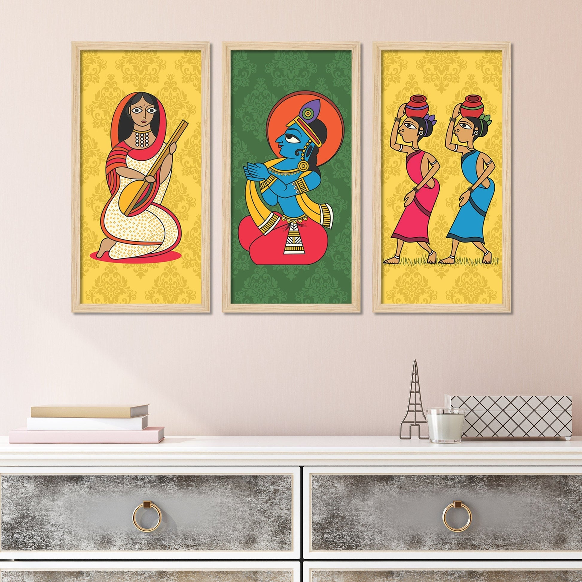 Lord Krishna Life Artistic Art Wall Frame Set of Three